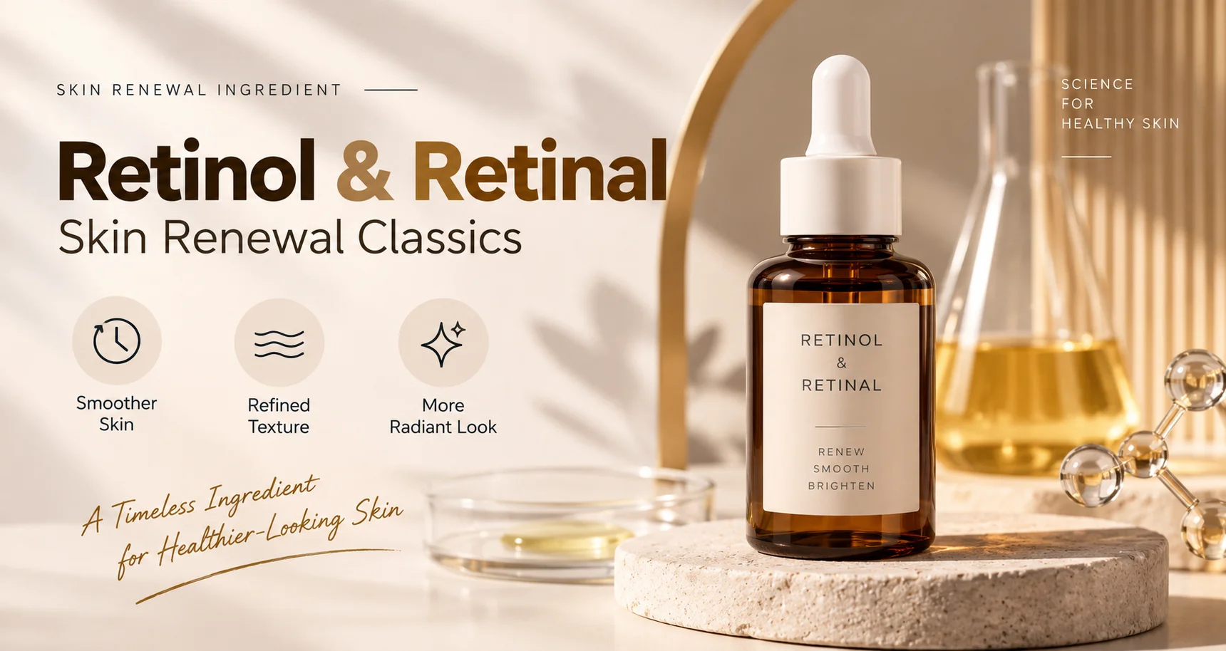Amber dropper bottle labeled 'Retinol & Retinal' placed on a textured stone with scientific elements, highlighting benefits like smoother skin, refined texture, and a radiant look.